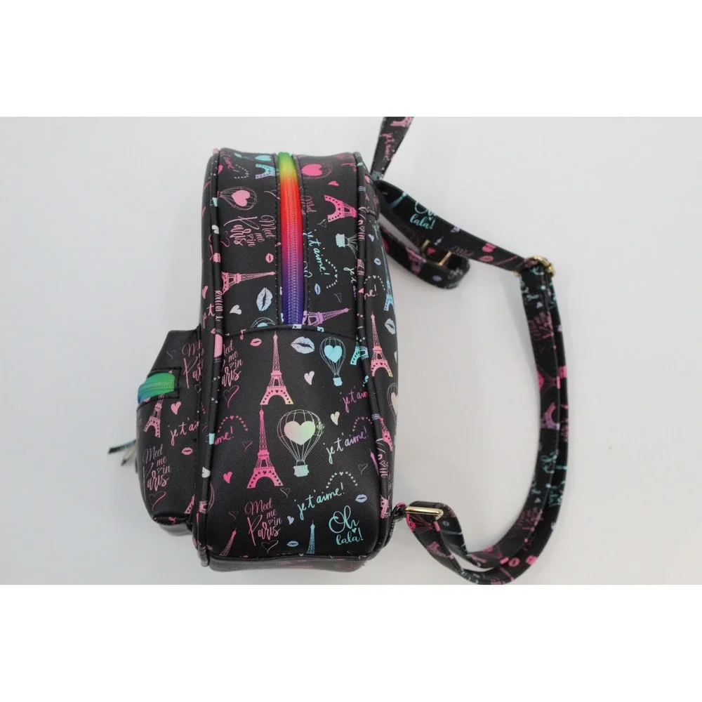 Paris Theme Mini Backpack Black Faux Leather Rainbow Zipper Eiffel Tower Print